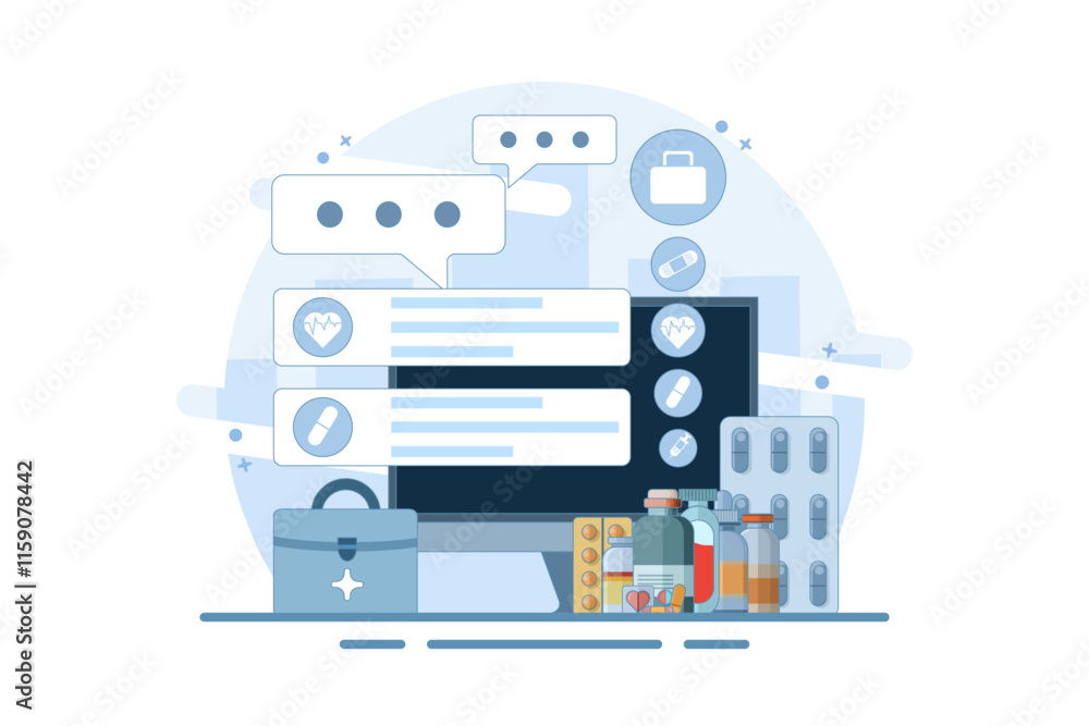 Online health telemedicine concept. Online medical consultation and healthcare services via internet clinic mobile application connected to computer. Online doctor consultation. Flat vector illustrati Online health telemedicine concept. Online medical consultation and healthcare services via internet clinic mobile application connected to computer. Online doctor consultation. Flat vector illustrati