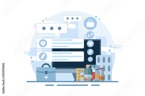 Online health telemedicine concept. Online medical consultation and healthcare services via internet clinic mobile application connected to computer. Online doctor consultation. Flat vector illustrati