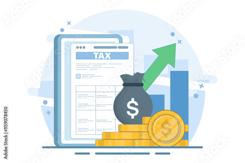 Tax Document Concept with Stack of Gold Coins. Taxable Income Concept Design that is Increasing. taxation, tax form or paper legal document, Business and finance flat design illustration.