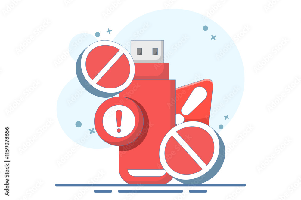 Obraz premium dangerous flashdisk or USB flash drive concept. flashdisk with exclamation mark. safety and security warning. be careful. icon or symbol. minimalist style design. vector illustration.