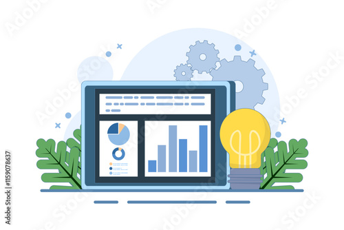 Business Graphics Report on Tablet and Bulb Idea. Business Intelligence Concept. Accurate information research, business intelligence and successful strategy planning. Flat Vector Illustration.