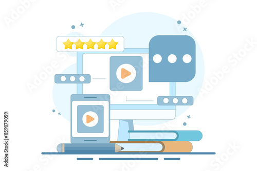 Distance learning and online education concept. online self-study on internet education platform. Student talking to teacher. Course review. Flat Cartoon Vector Illustration.