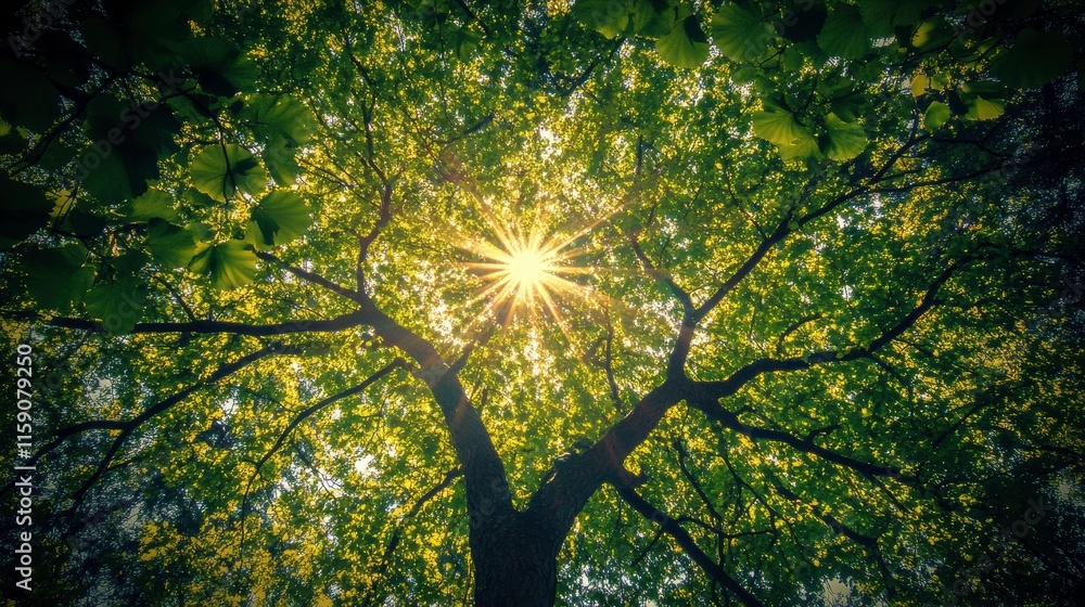 Obraz premium Stunning Green Tree with Sunlight in Warm Light