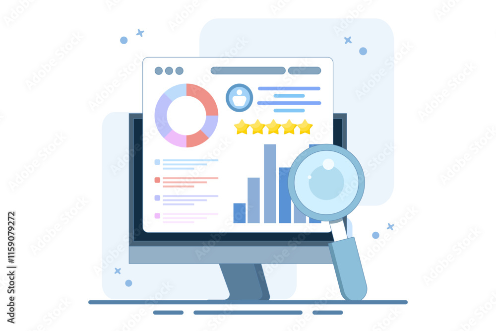 Business concept with online business report, Business data analysis, Big data for business, Data science, Business statistics and statements, Analytical dashboard. Flat vector illustration. Business concept with online business report, Business data analysis, Big data for business, Data science, Business statistics and statements, Analytical dashboard. Flat vector illustration.