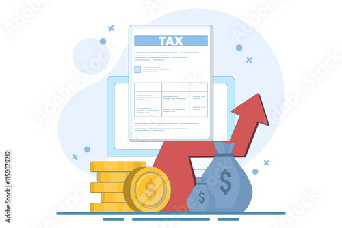 Tax Document Concept with Stack of Gold Coins. Taxable Income Concept Design that is Increasing. taxation, tax form or paper legal document, Business and finance flat design illustration.
