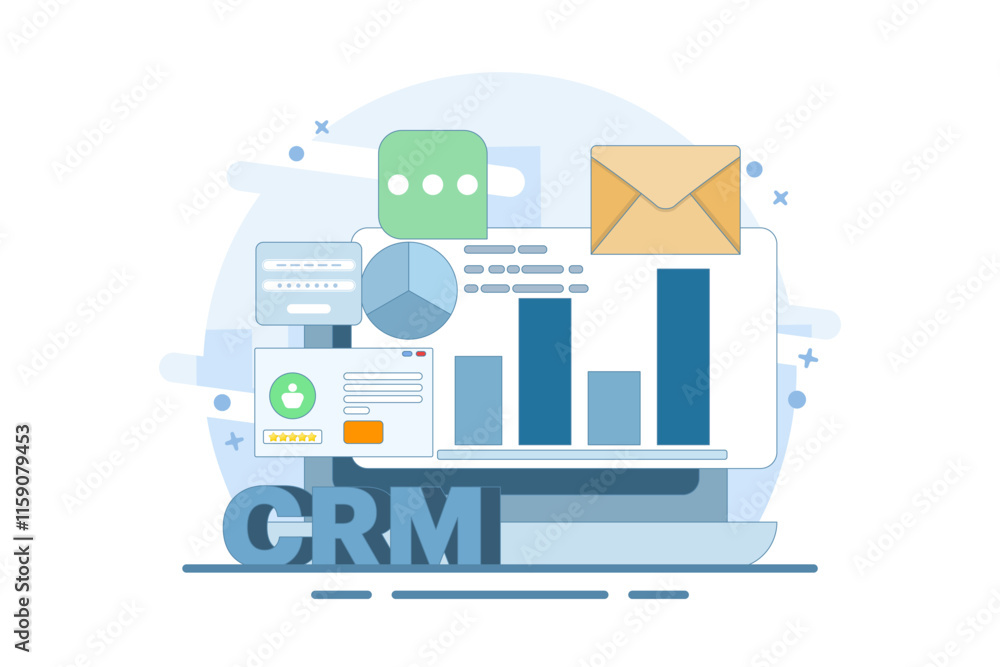 CRM concept for business, customer relationship management. Business uses CRM software to manage customers, Business analytics, CRM technology, vector illustration with icons on background. CRM concept for business, customer relationship management. Business uses CRM software to manage customers, Business analytics, CRM technology, vector illustration with icons on background.