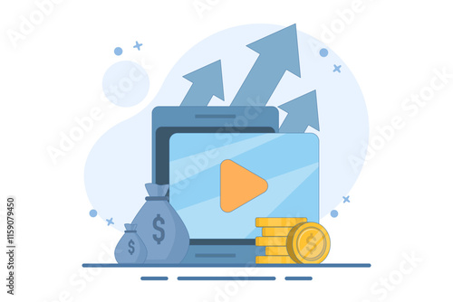 Concept of online financial courses on investment, trading and budgeting, internet educational videos, watch digital webinars on investment business commercial management. Vector illustration.