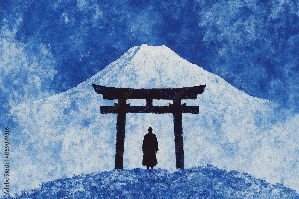 A soft watercolor painting of an Iaido practitioner standing under a torii gate with Mt. Fuji faintly visible in the background A soft watercolor painting of an Iaido practitioner standing under a torii gate with Mt. Fuji faintly visible in the background