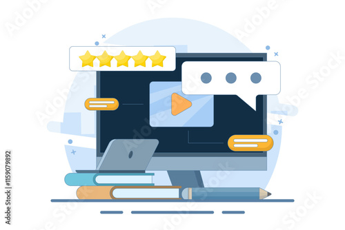 Distance learning and online education concept. online self-study on internet education platform. Student talking to teacher. Course review. Flat Cartoon Vector Illustration.