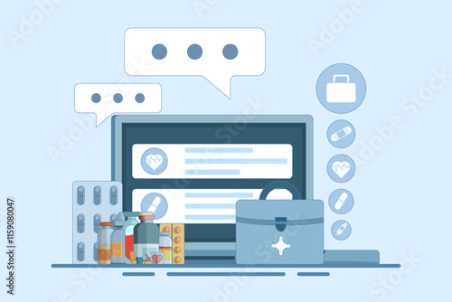 Online health telemedicine concept. Online medical consultation and healthcare services via internet clinic mobile application connected to computer. Online doctor consultation. Flat vector illustrati