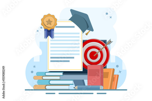 Online learning concept achieve educational goals in web environment beside computer screen with diploma. self development. Skills improvement. Flat vector illustration landing page template design.