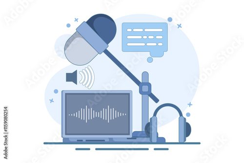 Podcast and broadcasting concept. Radio studio talking into microphone and recording audio podcast or live online interview. Flat design suitable for various purposes. Flat vector illustration.