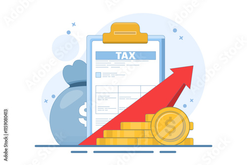 Tax Document Concept with Stack of Gold Coins. Taxable Income Concept Design that is Increasing. taxation, tax form or paper legal document, Business and finance flat design illustration.