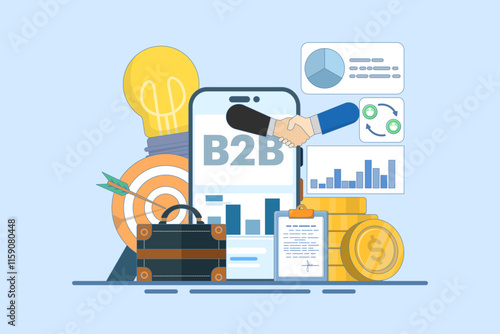 Online business concept between businesses. Successful business collaboration. Businessmen make deals. Marketing strategy, trade. Modern flat cartoon. Flat vector illustration on background.