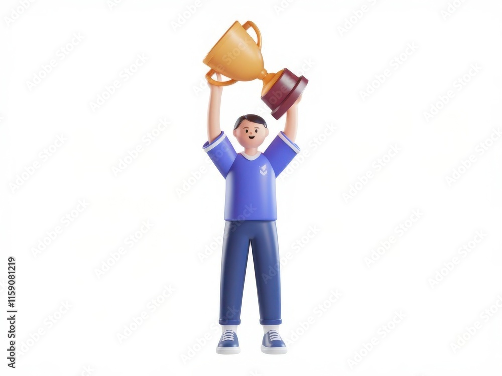 3D character celebrating victory while holding a trophy, white background 3D character celebrating victory while holding a trophy, white background