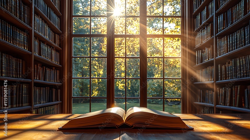 A quiet study in a library, with a single open book on a table and sunlight streaming through the window, soft golden light casting long shadows, calm and peaceful mood, intellectual and serene A quiet study in a library, with a single open book on a table and sunlight streaming through the window, soft golden light casting long shadows, calm and peaceful mood, intellectual and serene