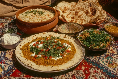 A traditional iftar table with clay pots, fresh bread, and fragrant dishes like biryani and kebabs photo