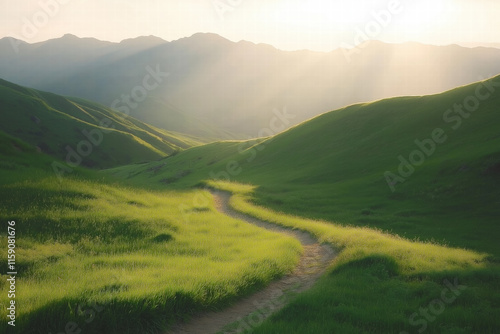 Sunlit Path Through Green Hills