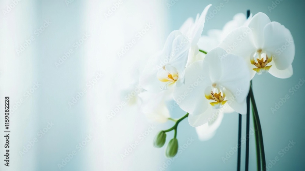 Obraz premium White orchids against a modern glass backdrop, close-up shot, Minimalist style
