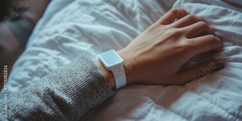 Wristband tracks sleep patterns while resting hand on cozy blank photo