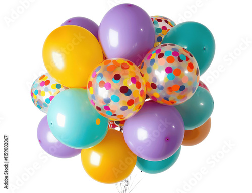 A colorful balloon bouquet with confetti-filled balloons, isolated on a white background, centered and full view for a party look