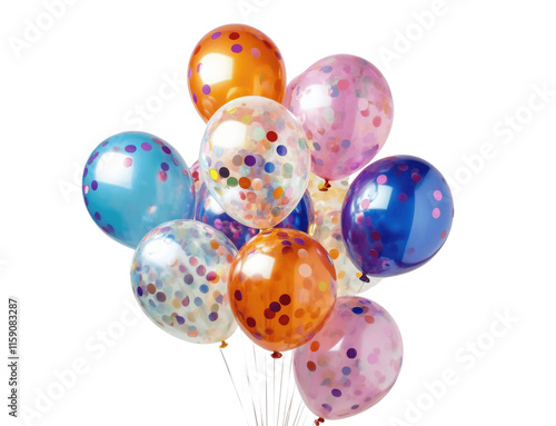 A colorful balloon bouquet with confetti-filled balloons, isolated on a white background, centered and full view for a party look