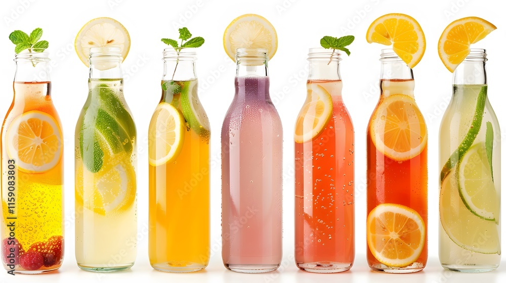 Colorful Glass Bottles of Refreshing Fruit Drinks with Citrus Garnish Colorful Glass Bottles of Refreshing Fruit Drinks with Citrus Garnish