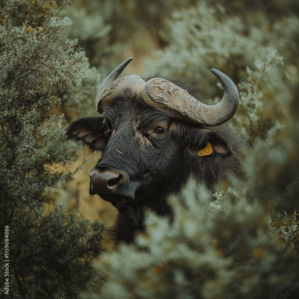 Naklejka premium A black ox with horns is standing in a field of green grass. The ox is looking directly at the camera