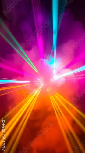 Log exposure colorful lights shining through the smoke, in a dark room. Club, Party, Event, Music Concept. Vertical for standing background.