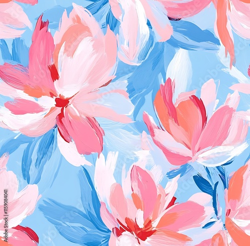 floral seamless pattern in pastel pink and blue, with large brush strokes