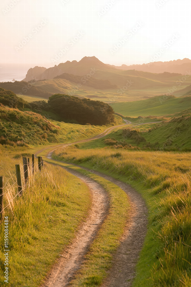 Naklejka premium Winding dirt path through rolling green hills at sunset
