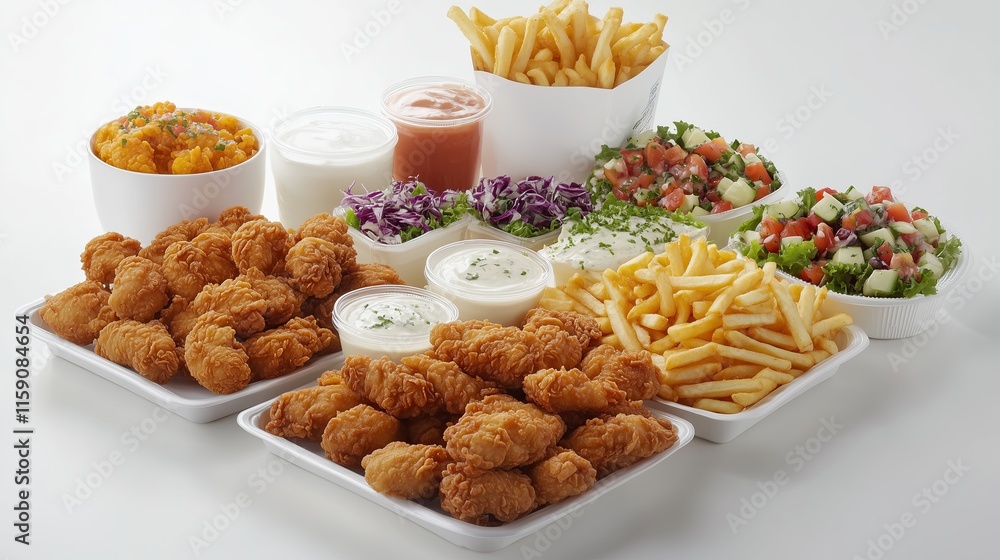 Chicken tender combo platters arranged for four, featuring various sides and drinks. Chicken tender combo platters arranged for four, featuring various sides and drinks.