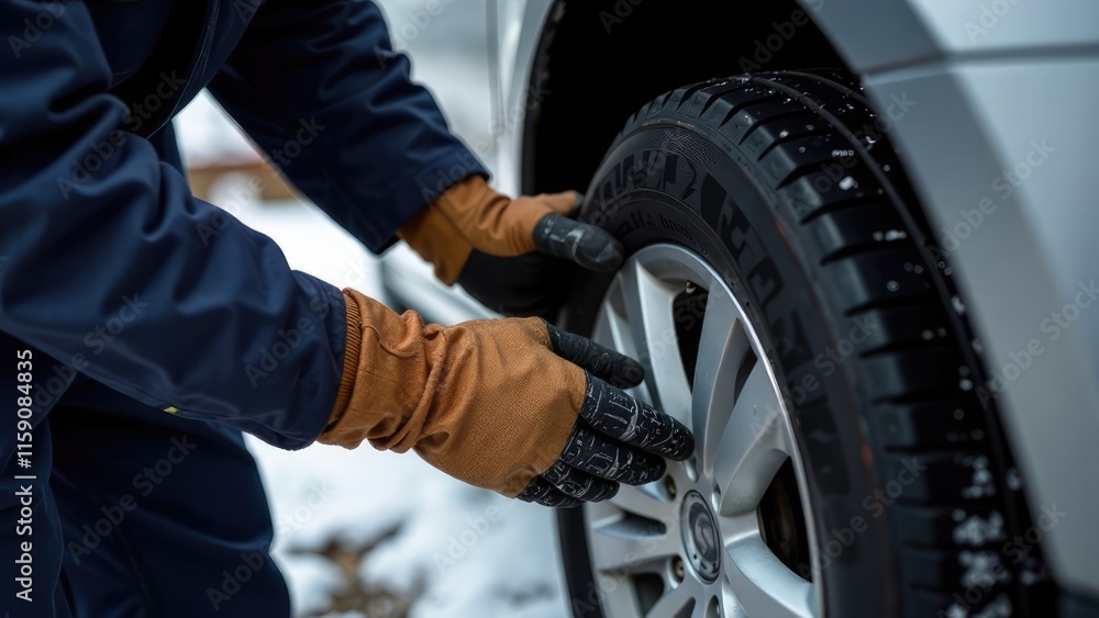 A person wearing work gloves is handling a car tire in a snowy environment. Concept of winter car maintenance. A person wearing work gloves is handling a car tire in a snowy environment. Concept of winter car maintenance.