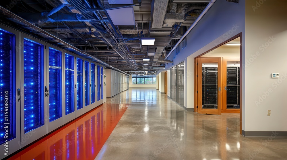 Fototapeta premium Data centers house rows of server racks, their digital hum a constant sound of web hosting and network communication at hallway