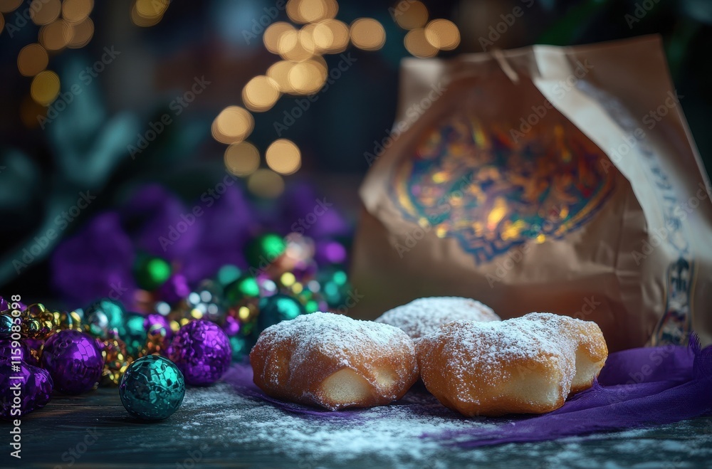 Festive Beignets on a Table Amid Glittering Decorations with a Decorative Bag in a Vibrant Celebration Atmosphere Ideal for Seasonal or Event Marketing