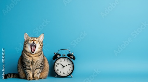 A yawning cat beside a vintage alarm clock against a blue background.