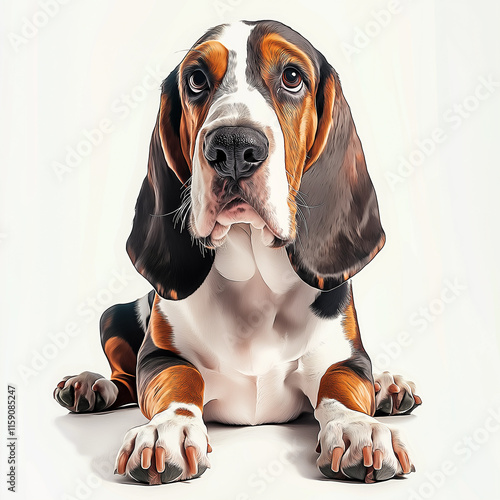 Basset hound lying down with concerned expression on white background