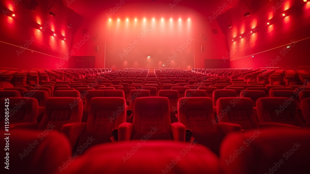 Empty Movie Theater with Red Lighting and Soft Fog Atmosphere Empty Movie Theater with Red Lighting and Soft Fog Atmosphere