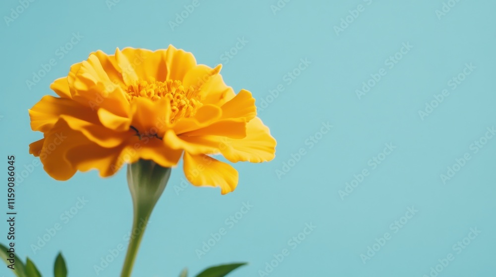 A bright yellow marigold against a pale blue background, close-up shot, Minimalist style A bright yellow marigold against a pale blue background, close-up shot, Minimalist style