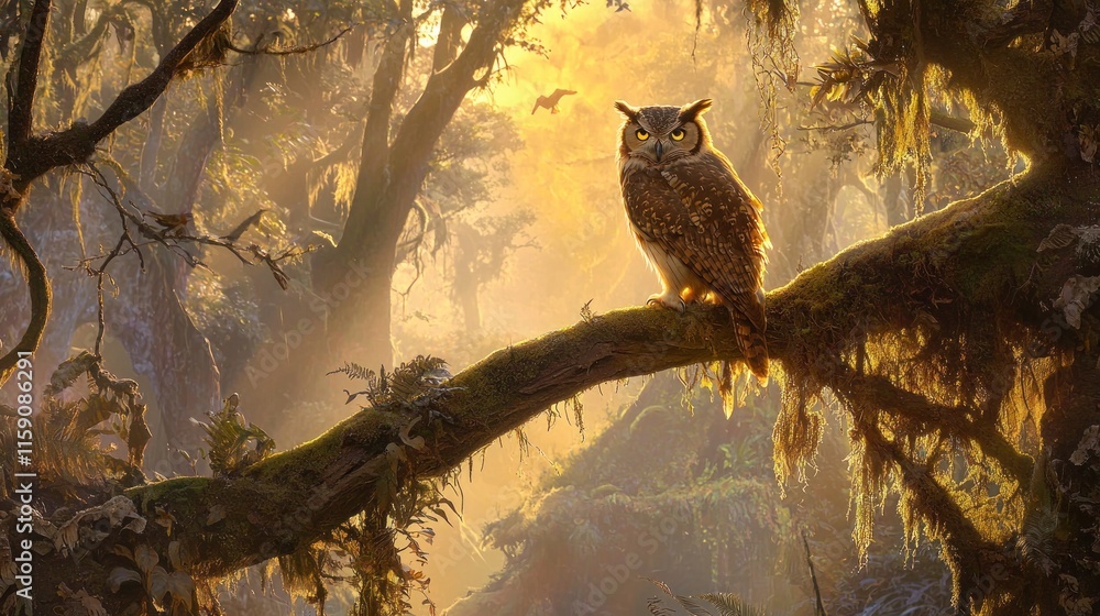 Majestic owl perched on mossy branch in sunlit forest. (1) Majestic owl perched on mossy branch in sunlit forest. (1)