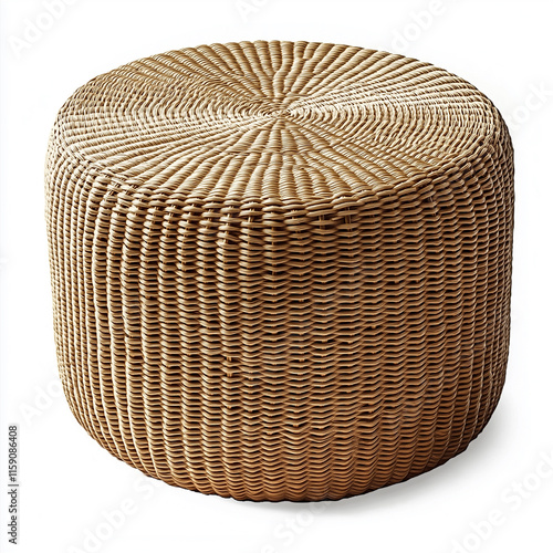 Round wicker ottoman isolated on white background exhibiting intricate weaving