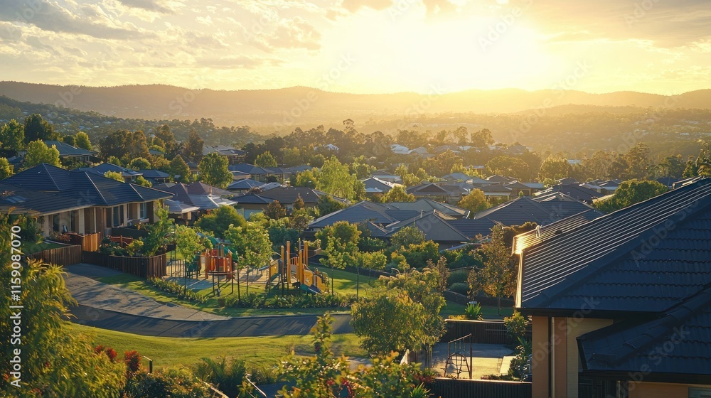 custom made wallpaper toronto digitalSunset over suburban neighborhood with playground.
