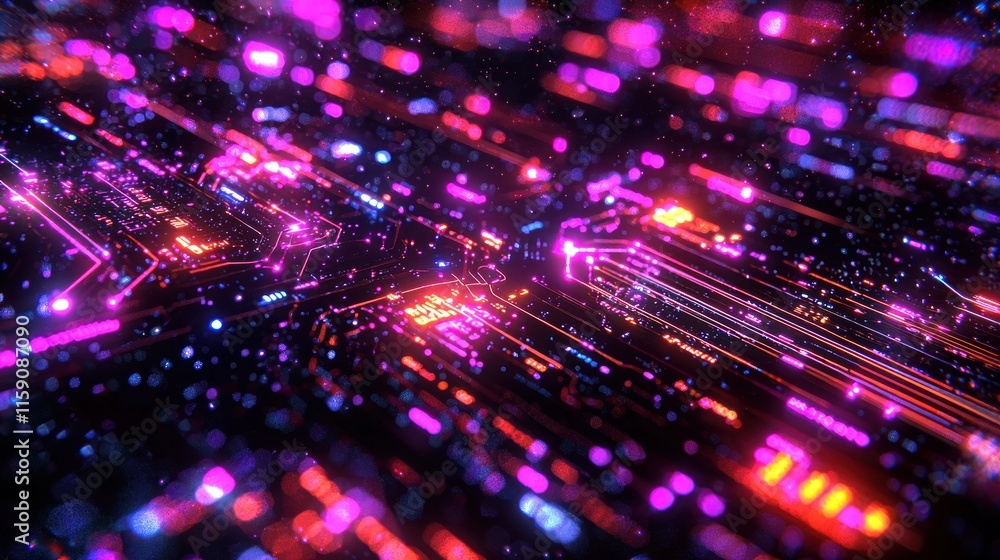 Abstract neon circuit board with glowing lines and particles. Abstract neon circuit board with glowing lines and particles.