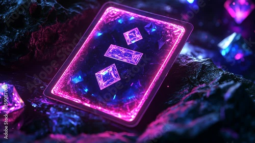 A playing card, featuring an abstract glowing diamond symbol and a cosmic background.