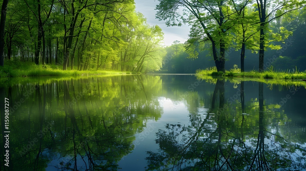 Tranquil Green Forest Reflection in Serene Calm Water Landscape Tranquil Green Forest Reflection in Serene Calm Water Landscape