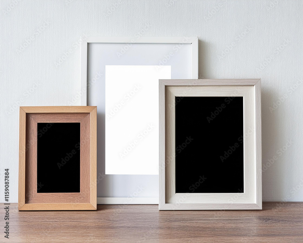 picture frames with a background of white Passepartout. Black, white, and wooden vertical frames Mockup or template for your image picture frames with a background of white Passepartout. Black, white, and wooden vertical frames Mockup or template for your image