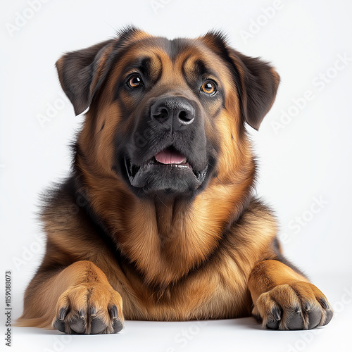 German shepherd dog lying down and looking up with hope