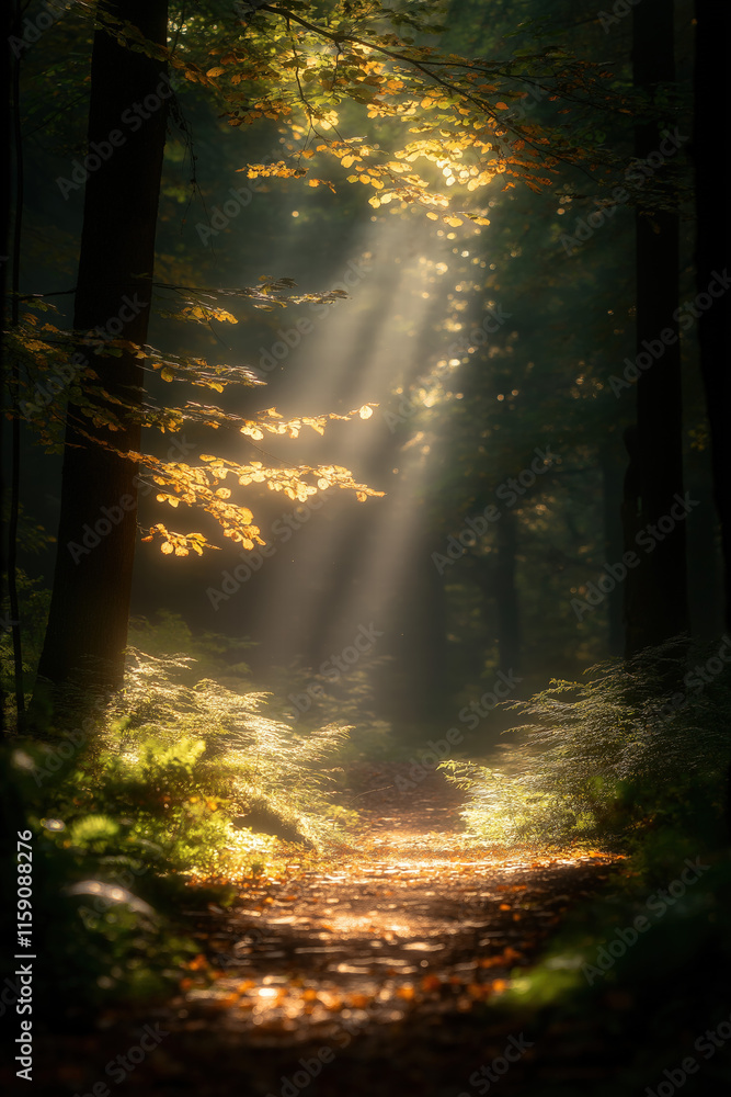 Obraz premium Sunbeams through autumn forest path