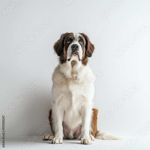 Saint bernard dog sitting and looking up on white background photo