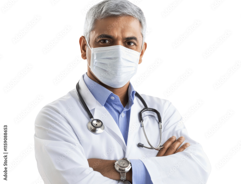 A doctor with arms crossed and a stethoscope, wearing a mask, looking serious and professional, centered on a white background A doctor with arms crossed and a stethoscope, wearing a mask, looking serious and professional, centered on a white background